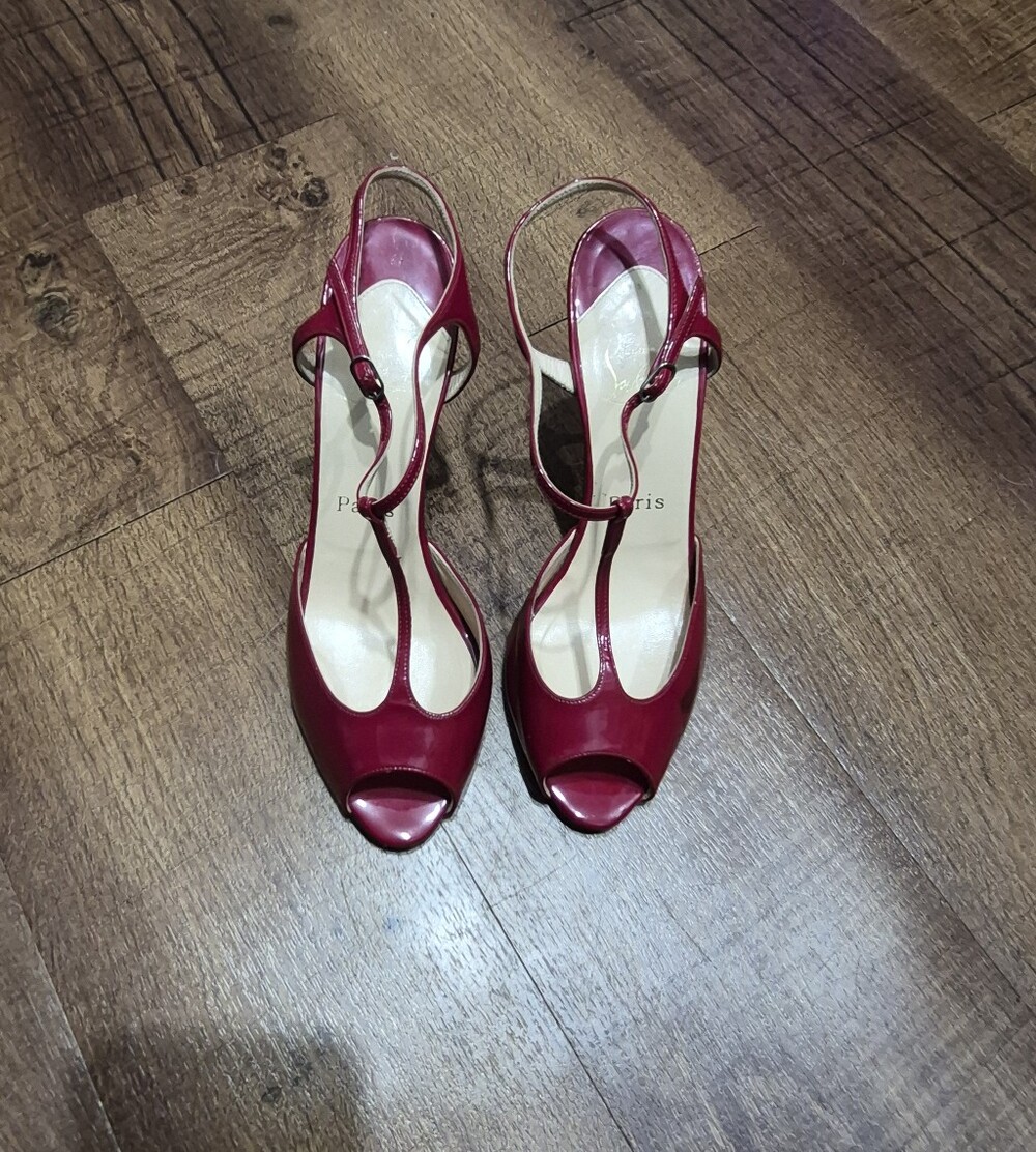 Christian Louboutin Red Patent Peep-Toe Slingback Heels Size 38.5